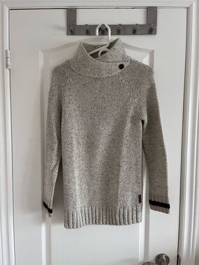 Roots Light Grey Funnel Neck Sweater with Contrast Dark Green Cuffs